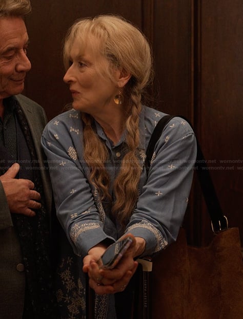 Loretta's blue embroidered shirt on Only Murders in the Building