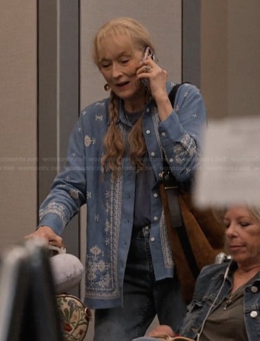 Loretta's blue embroidered shirt on Only Murders in the Building