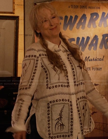 Loretta's white floral print shirt on Only Murders in the Building
