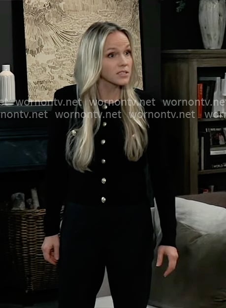 Lulu's black cardigan with gold buttons on General Hospital