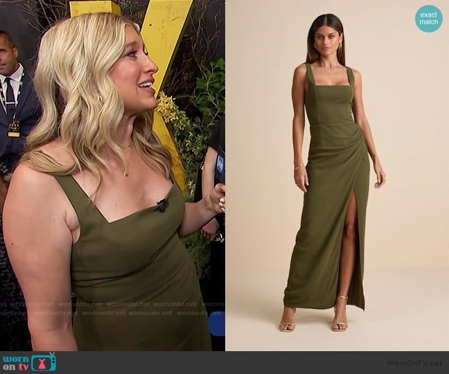 Lulus Glamorous Disposition Olive Green Ruched Maxi Dress worn by Ashley Bellman on E! News