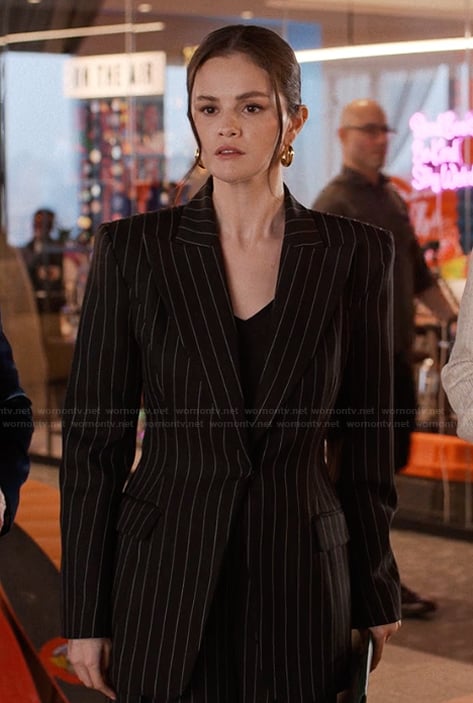 Mabel's black pinstripe blazer and pants on Only Murders in the Building