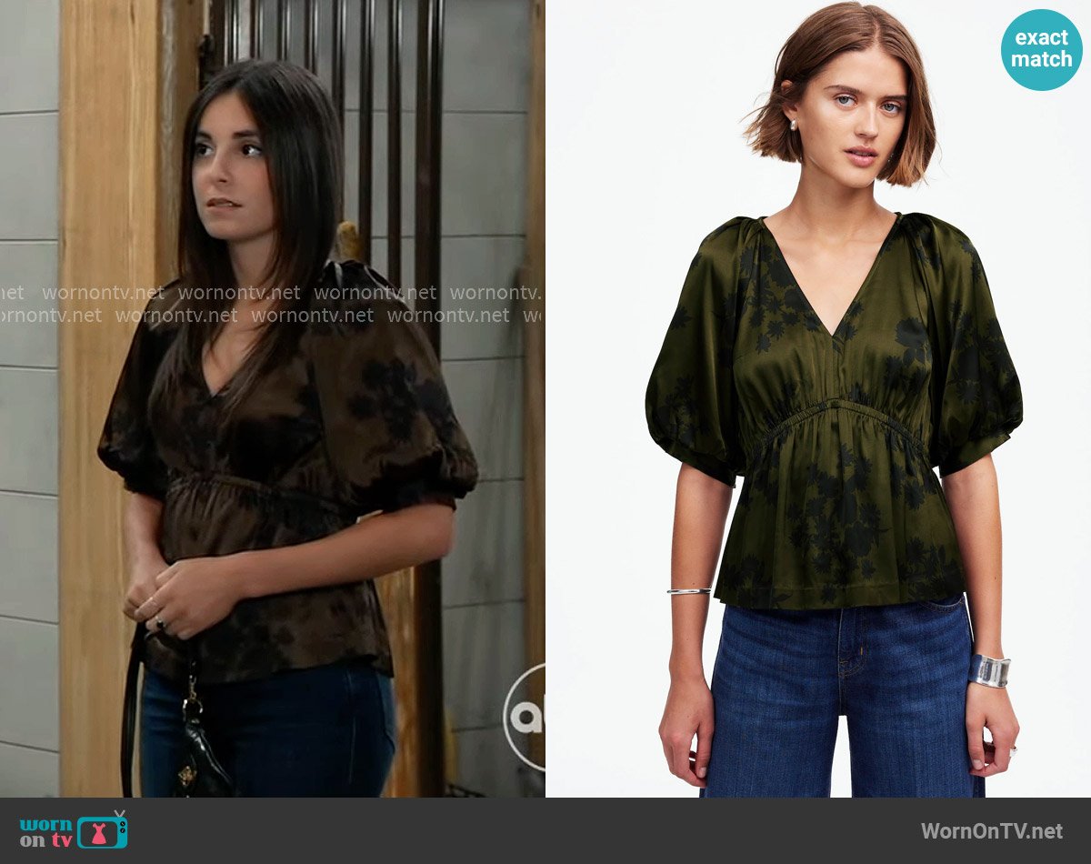 Madewell Shirred Puff-Sleeve Top in Satin in Mossy Umber worn by Molly Lansing-Davis (Kristen Vaganos) on General Hospital