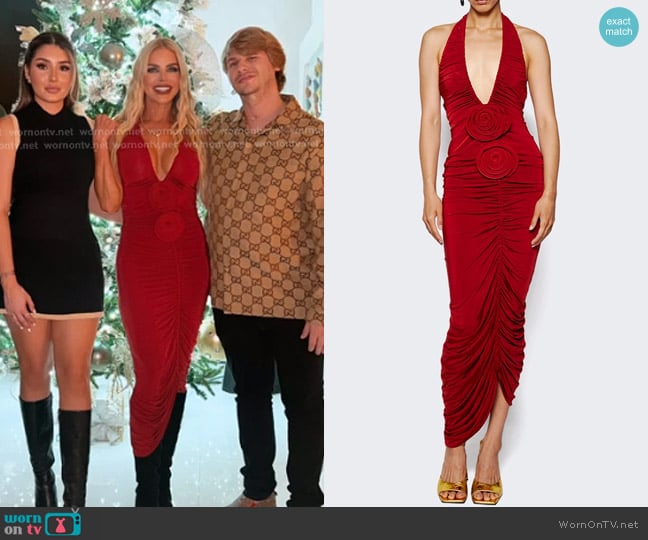 Magda Butrym Ruched Halter Midi Dress in Red worn by Alexia Echevarria (Alexia Echevarria) on The Real Housewives of Miami