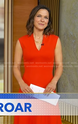 Maggie's red v-neck midi dress on Good Morning America