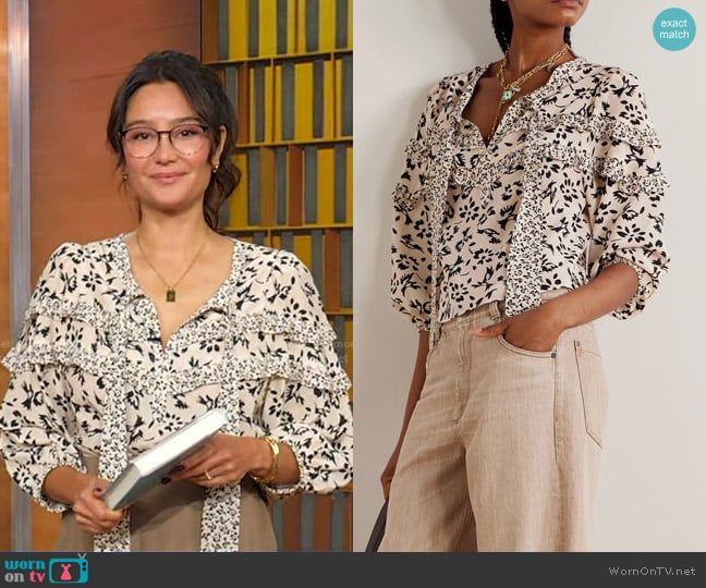 Maison Mayle Majorelle Floral-print Silk crepe de chine Blouse worn by Emma Heming Willis on Good Morning America