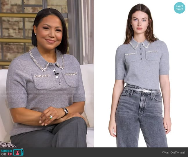 Maje Mylenva Rhinestone Trim Polo Sweater worn by Stephanie Ramos on Good Morning America