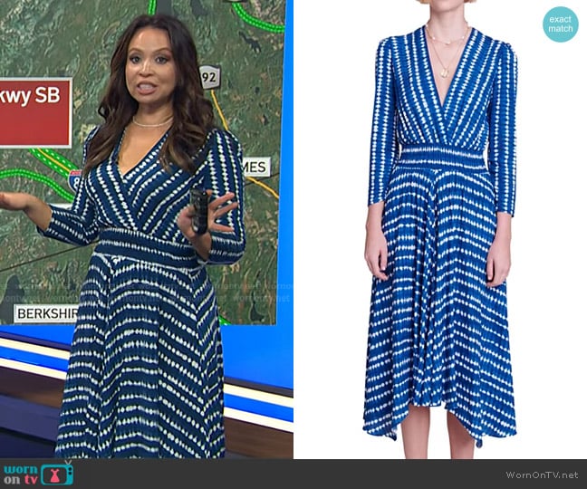Maje Rayemitte Asymmetrical Hem Midi Dress in Tie Dye Blue worn by Adelle Caballero on Today