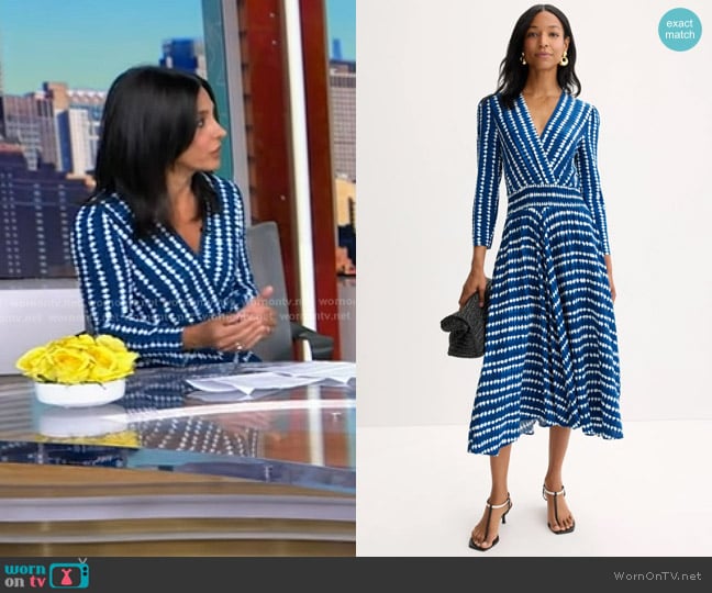 Maje Rayemitte Asymmetrical Hem Midi Dress in Tie Dye Blue worn by Dr. Tara Narula on Good Morning America