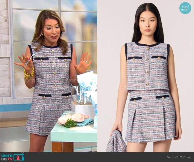Maje Tweed 2-in-1 mini dress worn by Courtney Cason on CBS Mornings