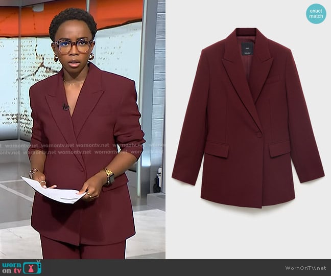 Mango Double-breasted Suit Jacket in Maroon worn by Zinhle Essamuah on NBC News Daily