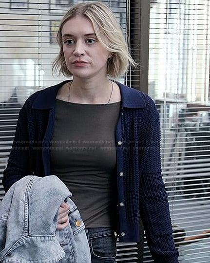 Mare’s blue crochet knit cardigan on The Paper