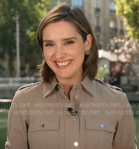 Margaret Brennan’s taupe utility dress on CBS Mornings
