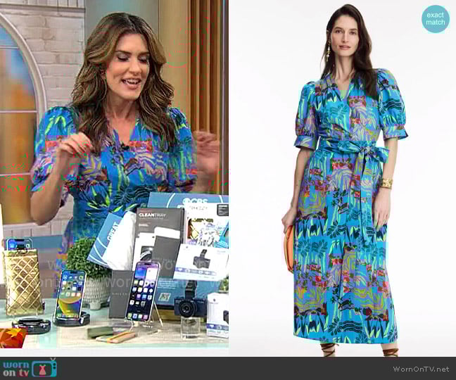 Adriane Kiss’ blue tropical print dress on CBS Mornings