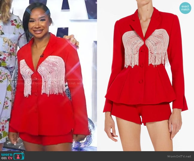 Markarian Lynn Red Crepe Blazer and Shorts worn by Jordan Chiles on Good Morning America