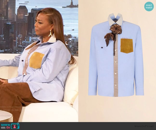Marni Blue cotton shirt with Marni Mending embroidery worn by Queen Latifa on The Drew Barrymore Show