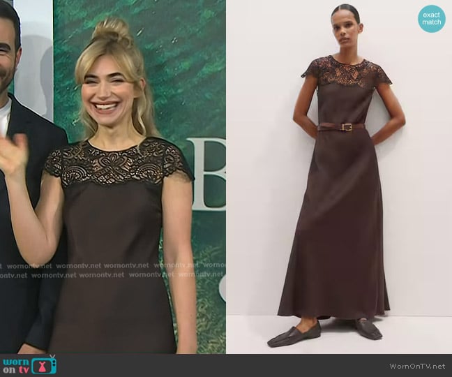 Me + Em Lace Trim Bias Cut Maxi Dress in Summer Chocolate worn by Imogen Poots on Today
