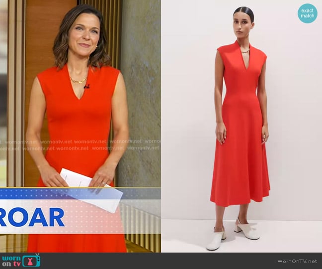 Me+Em Travel Tailoring Seam Detail Midi Dress in Intense Orange worn by Maggie Rulli on Good Morning America