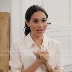 Meghan’s button down blouse and orange trousers on With Love Meghan
