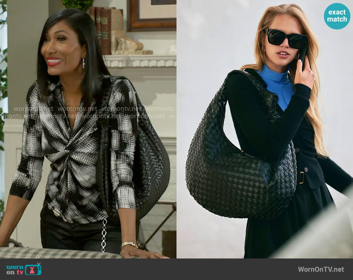 Melie Bianco The Brigitte Woven Faux-Leather Satchel Bag Oversized Edition worn by Dana 'Leslie' Thomas (Trisha Mann-Grant) on Beyond the Gates