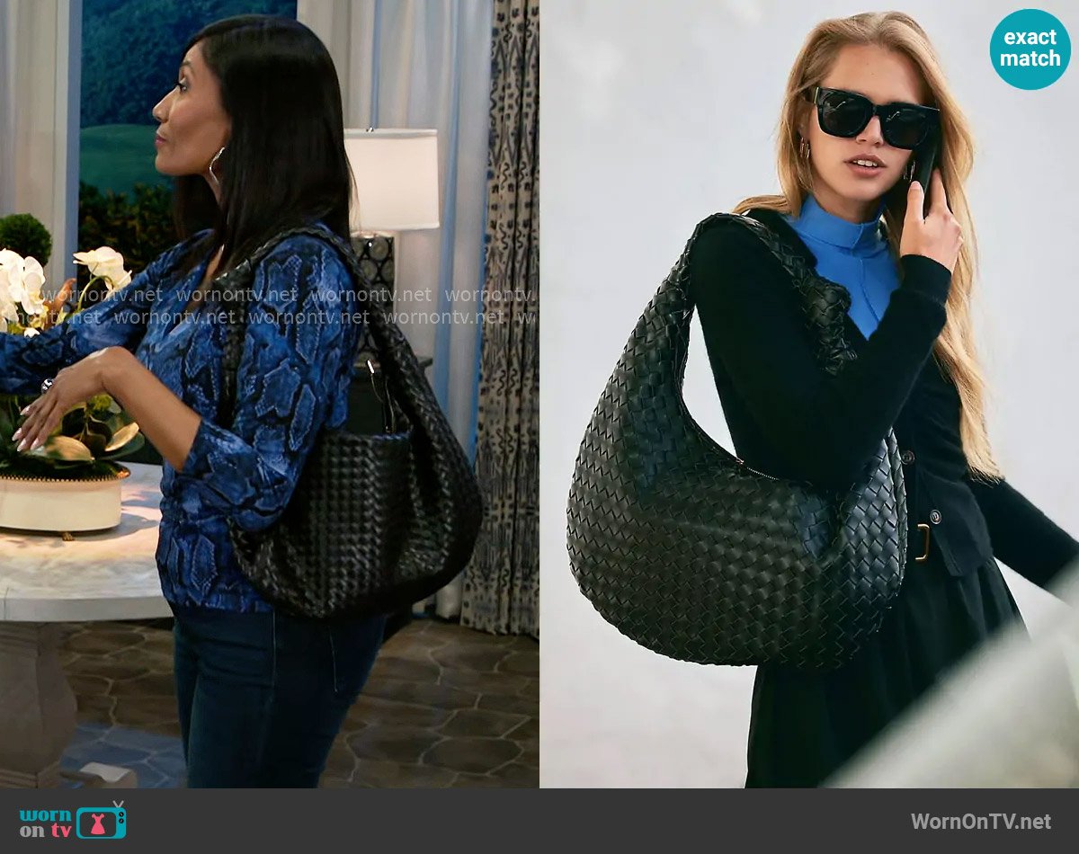 Melie Bianco The Brigitte Woven Faux-Leather Satchel Bag Oversized Edition worn by Dana 'Leslie' Thomas (Trisha Mann-Grant) on Beyond the Gates