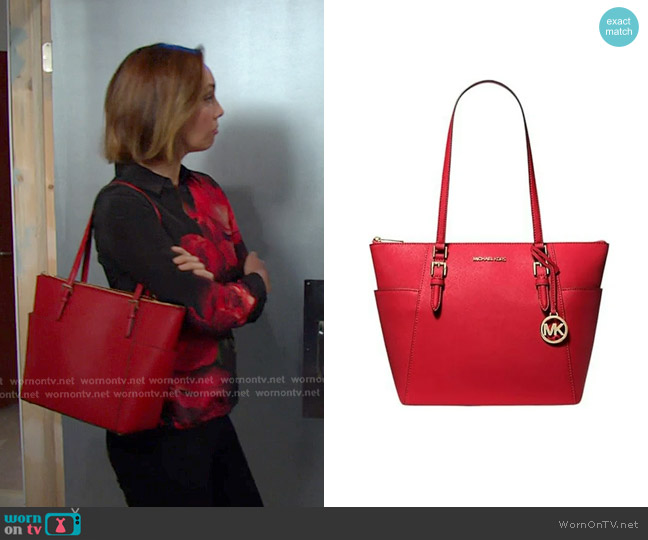 Michael Kors Charlotte Large Saffiano Leather Top-Zip Tote Bag in Red worn by Gwen Rizczech (Emily O'Brien) on Days of our Lives