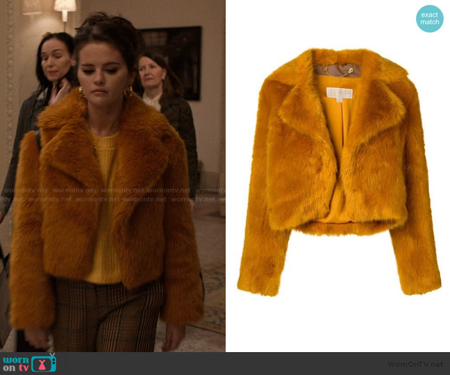 Michael Kors Cropped Faux-fur Jacket in Orange worn by Mabel Mora (Selena Gomez) on Only Murders in the Building