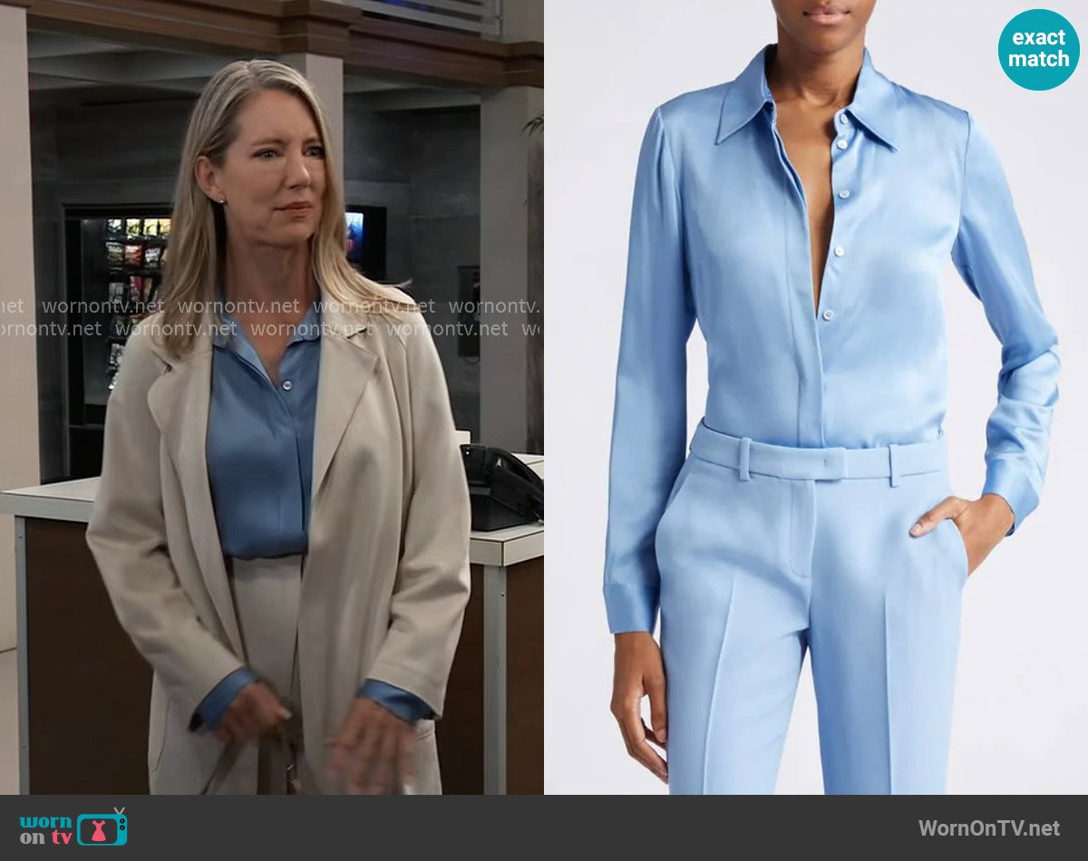 Michael Kors Hansen Charmeuse Button-front Shirt in Coast worn by Nina Reeves (Cynthia Watros) on General Hospital