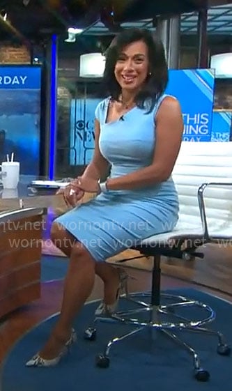 Michelle Miller’s light blue asymmetric dress on CBS Mornings