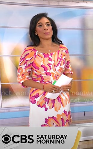 Michelle Miller's pink and orange printed dress on CBS Mornings