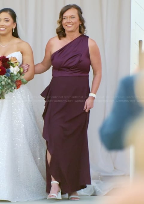 Michelle's burgundy one shoulder dress on The McBee Dynasty Real American Cowboys