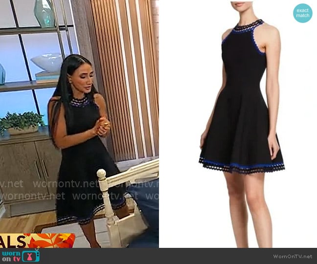 Milly Diamond cut halter neck fit & flare mini knit dress worn by Elizabeth Werner on CBS Mornings