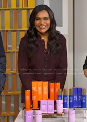Mindy Kaling’s burgundy jacket and mini skirt on Good Morning America