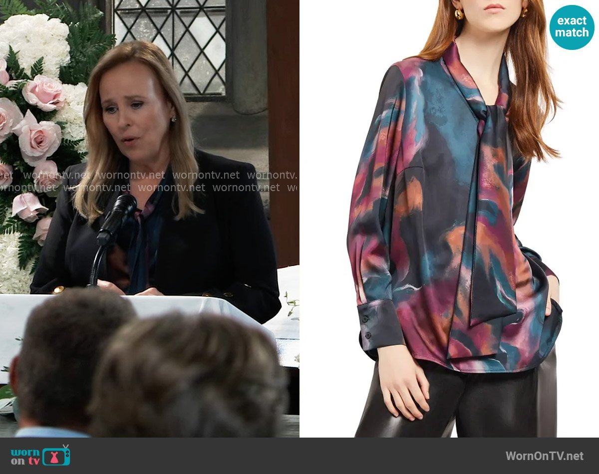 Misook  Tie Neck Crêpe de Chine Blouse worn by Laura Collins (Genie Francis) on General Hospital