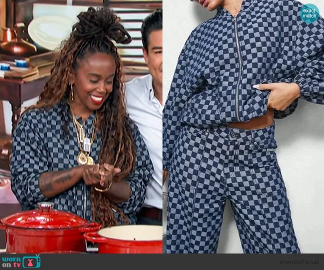 Miss Sixty Denim Checkboard Bomber Zip Through Jacket worn by Toya Boudy on Access Hollywood