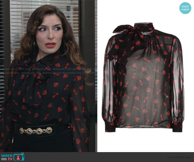 Miu Miu Georgette Blouse With Strawberry Print worn by Esmeralda Grand (Sabrina Impacciatore) on The Paper