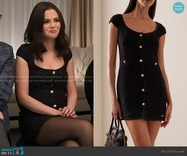 Miu Miu Lamé-Bouclé Tweed Mini Dress worn by Selena Gomez on Access Hollywood