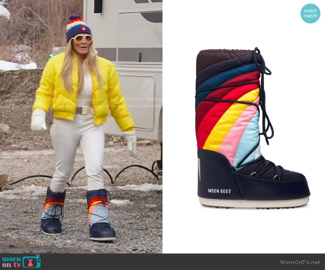 Moon Boot Icon Rainbow Snow Boots in Navy Multi worn by Heather Gay on The Real Housewives of Salt Lake City
