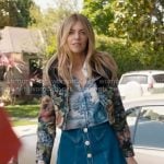 Morgan’s blue printed shirt and denim skirt on High Potential