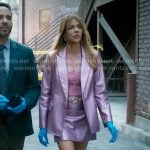 Morgan’s pink lace top and metallic pink blazer and skirt on High Potential