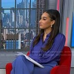 Morgan’s blue blouse and pants on NBC News Daily