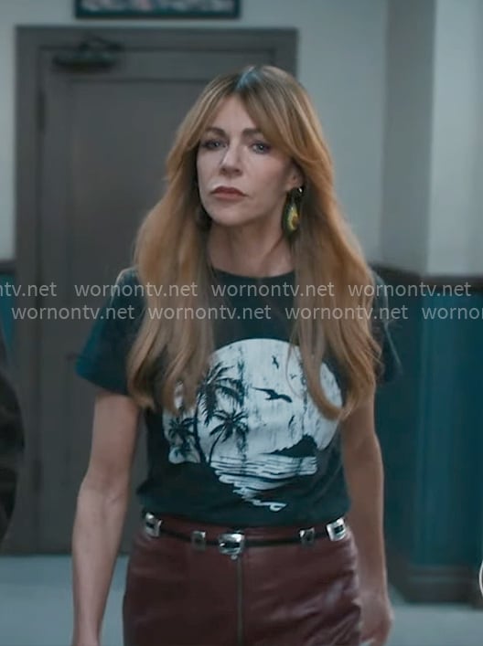 Morgan's palm graphic tee, leopard fur jacket, and red leather skirt on High Potential