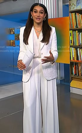 Morgan's white floral brocade blazer and pleated pants on NBC News Daily