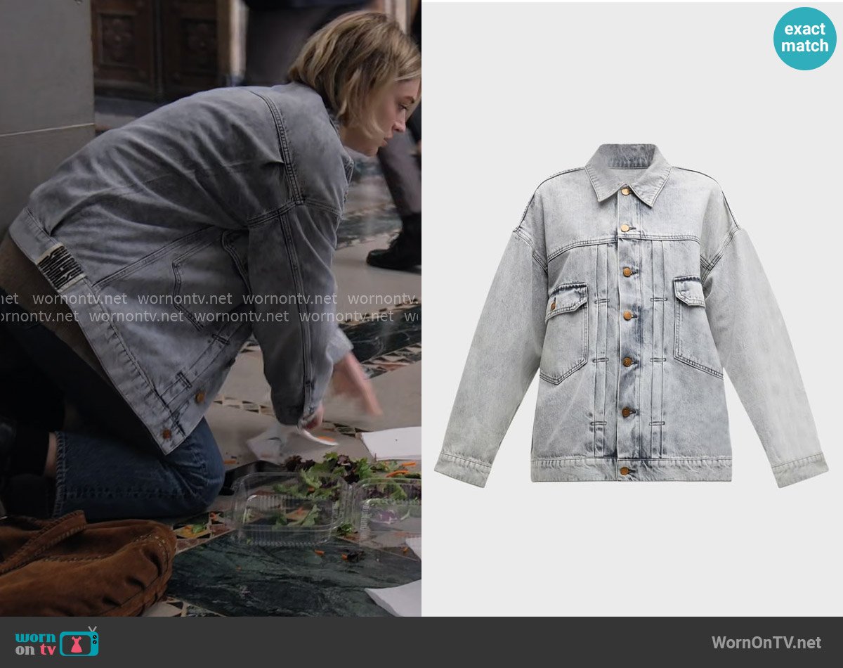 Mother SNACKS! The Big Bite Denim Jacket worn by Mare Pritti (Chelsea Frei) on The Paper