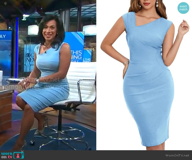 Muxxn Retro 1950s Style Sleeveless Slim Business Pencil Dress in Airy Blue worn by Michelle Miller on CBS Mornings