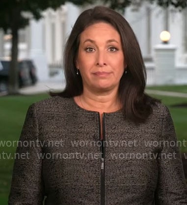Nancy Cordes’ brown zip up jacket on CBS Mornings