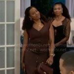 Naomi’s brown pinstripe button-front dress on Beyond the Gates