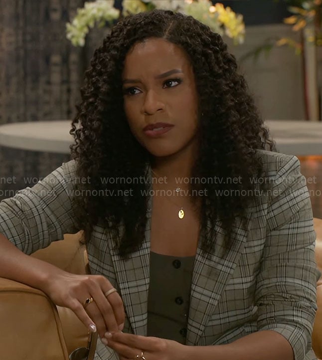Naomi's green button front top and plaid blazer on Beyond the Gates
