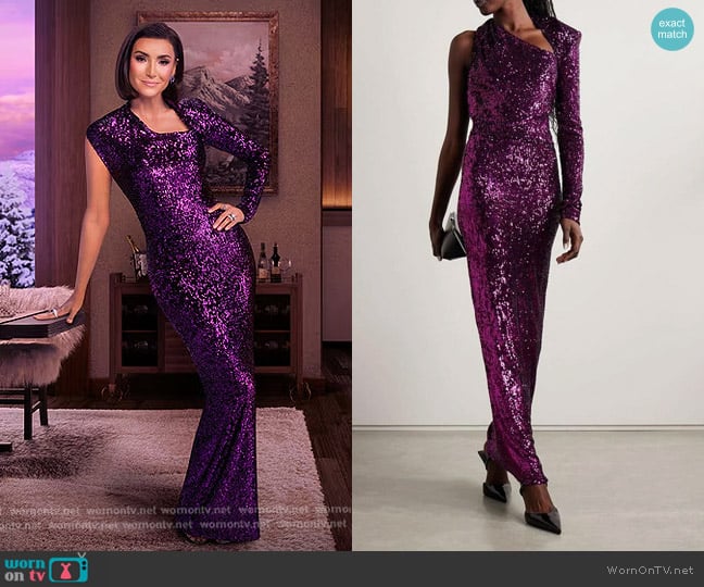 Nervi Susi One-sleeve Cutout Sequined Tulle Gown worn by Bronwyn Newport on The Real Housewives of Salt Lake City