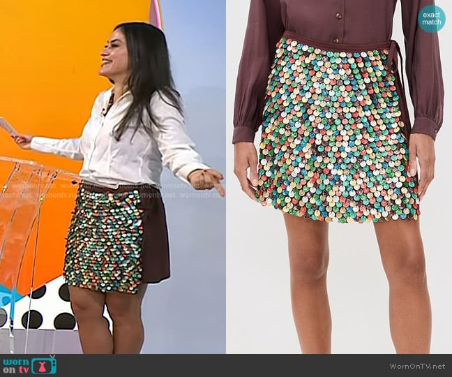 Never Fully Dressed Multi Shell Mini Wrap Skirt in Brown worn by Donna Farizan on Today